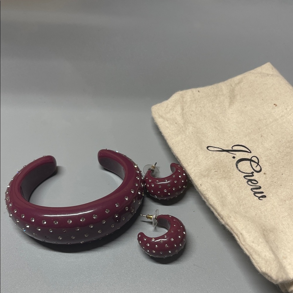 J. Crew Maroon Retro Sparkle Domed Cuff Bracelet & Matching Pierced Earrings.